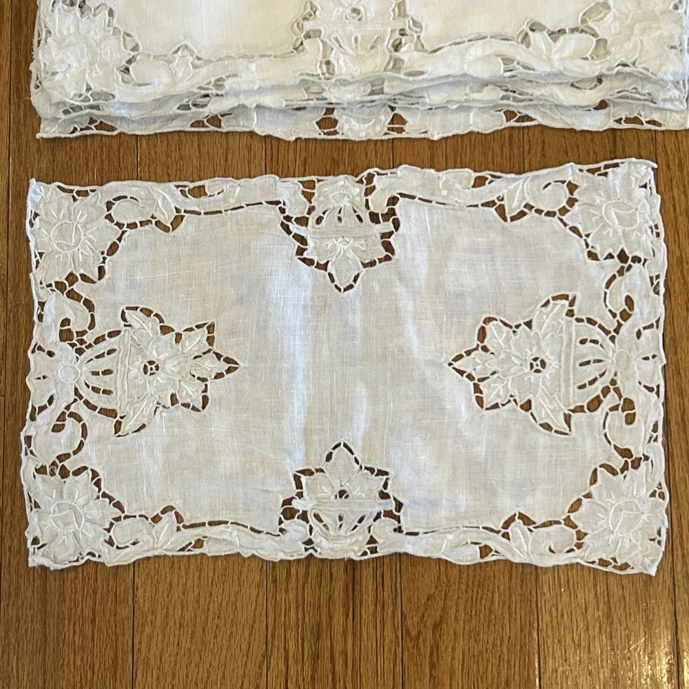 Set / 8 Vintage Tablescape Linens Rectangle Cutwork Embroidery Lace Floral White